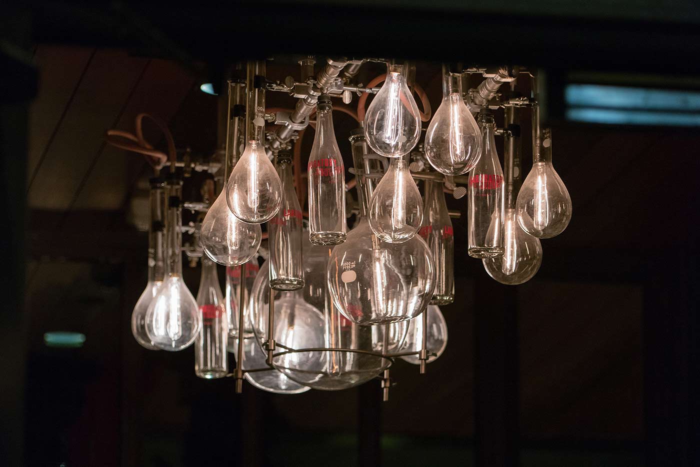 Laboratory beaker chandelier.