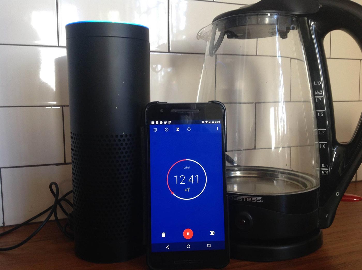 Tim O'Reilly's Alexa, his Nexus 6P, and his kettle. It's his kitchen's attack on the cell phone OS.