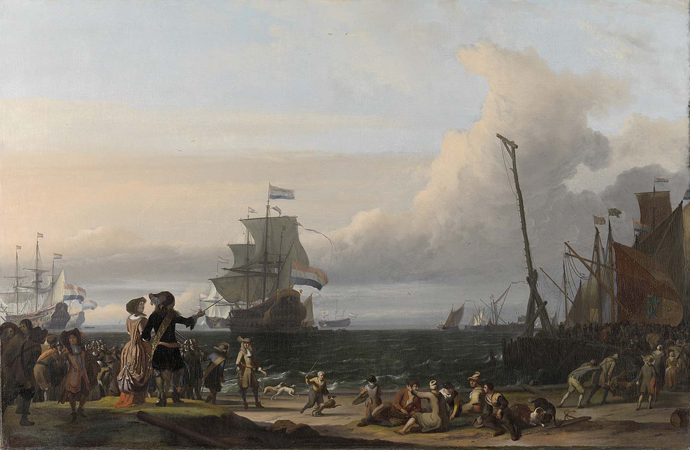 A ship in harbor, flying its flags. Ludolf Bakhuizen.