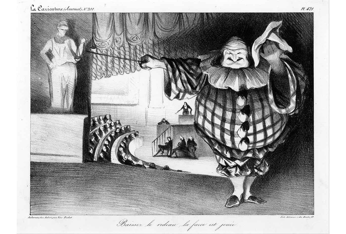 "Baissez le rideau, la farce est jouée," by Honoré Daumier, 1834