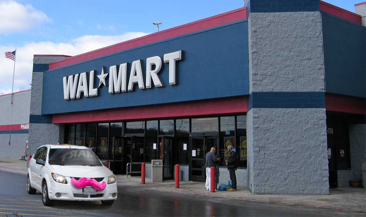 Photo illustration of a Lyft car in front of a Walmart