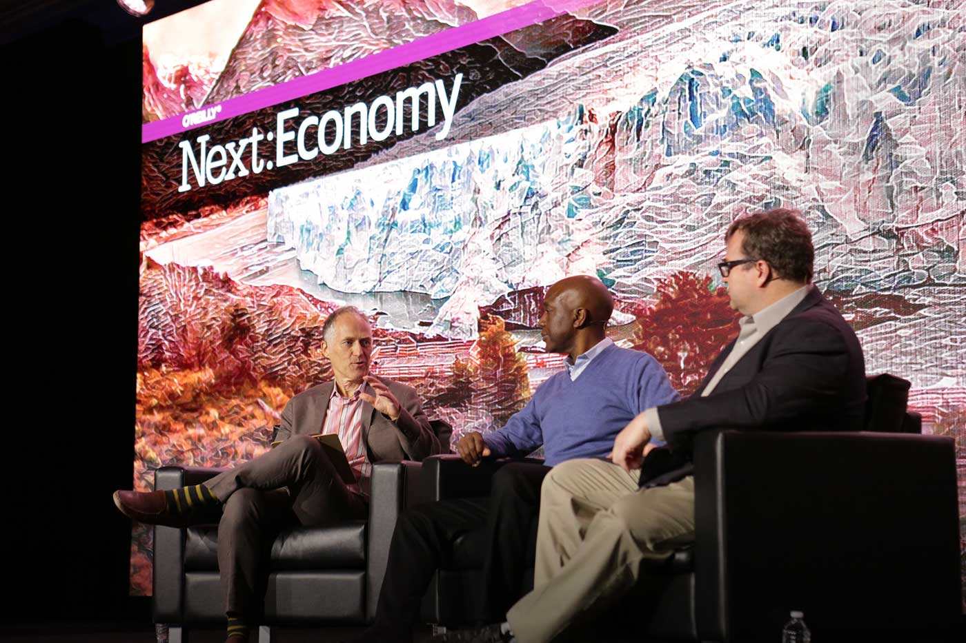 Tim O'Reilly, James Manyika, and Reid Hoffman at Next:Economy 2016.