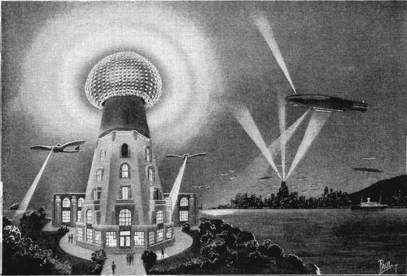 A 1925 artist's conception of what Nikola Tesla's wireless power transmission system might look like in the future