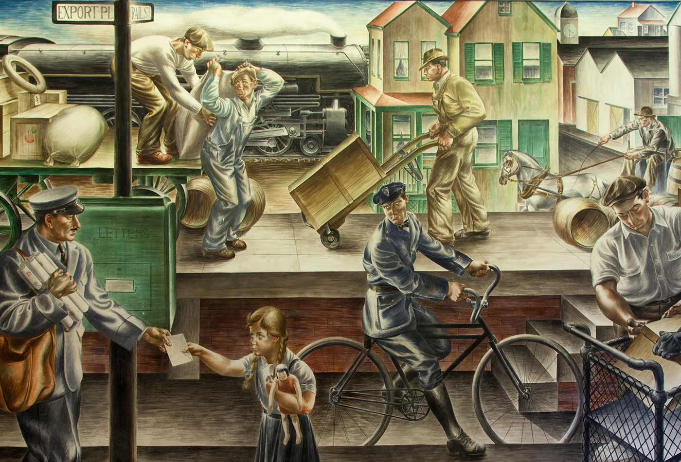 Photograph of mural "Transportation of the Mail," by Alfredo de Giorgio Crimi, 1937.