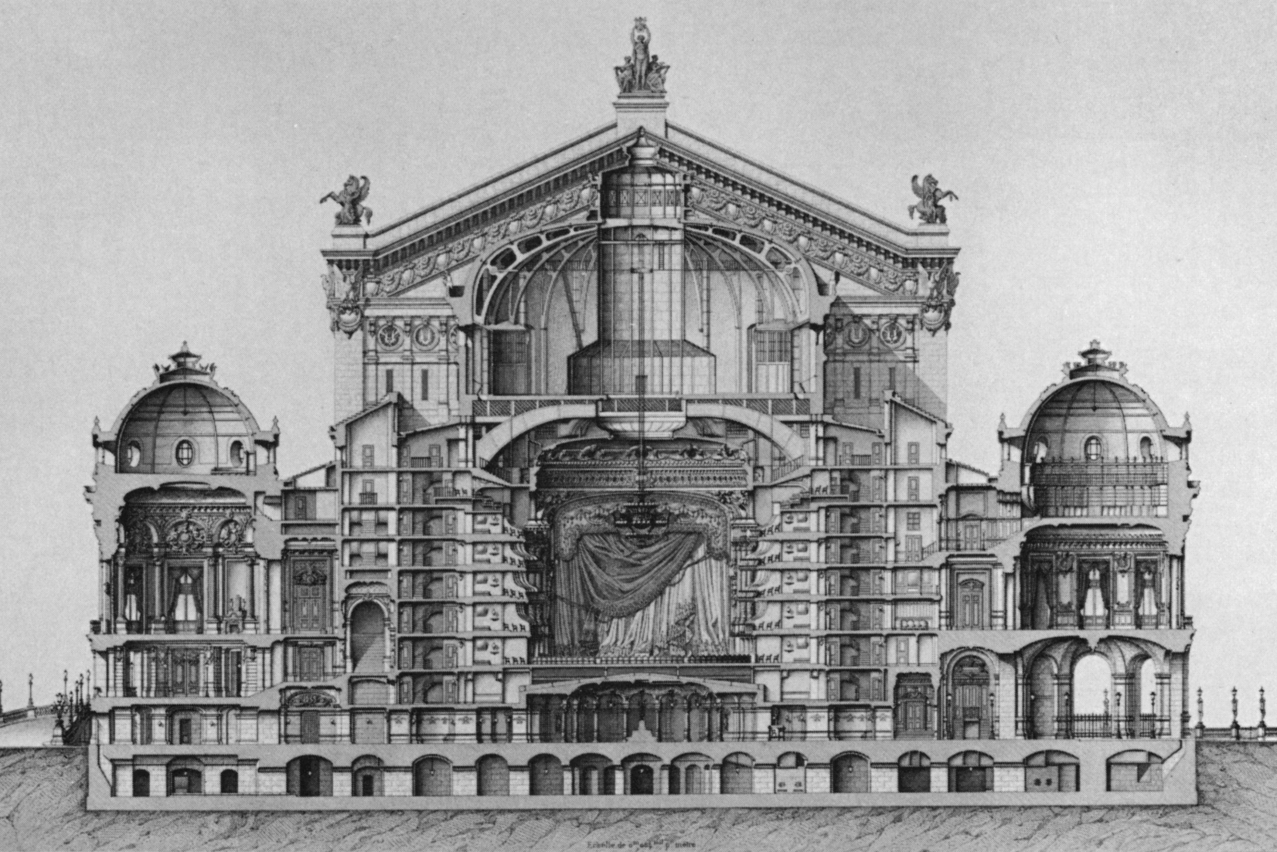 Transverse section at the auditorium and pavilions of the Paris Opera's Palais Garnier