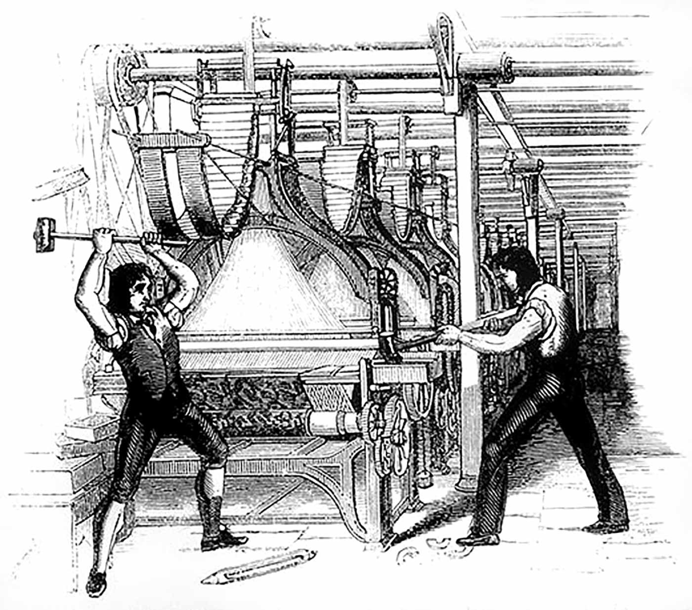 Frame-breakers, or Luddites, smashing a loom.