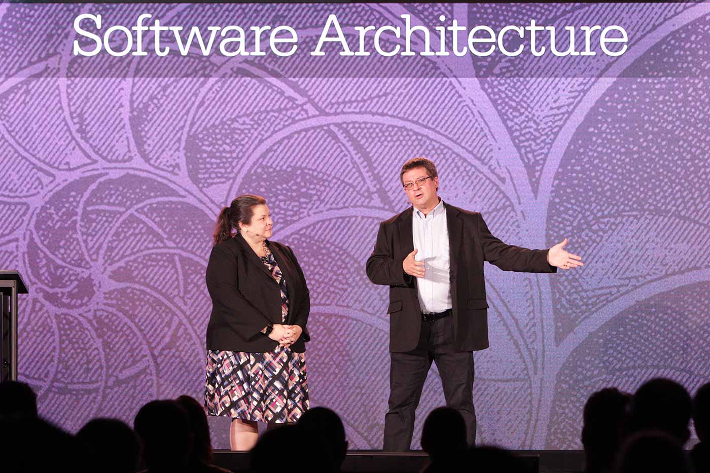 Rachel Roumeliotis (left) and Neal Ford (right) at the O'Reilly Software Architecture Conference in San Francisco.
